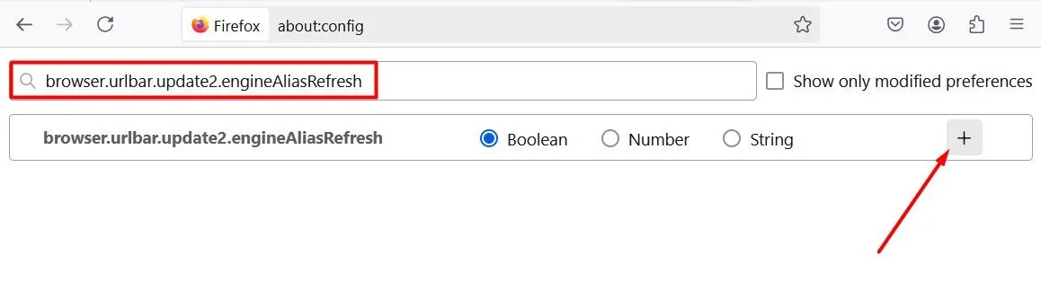 Thêm tùy chọn browser.urlbar.update2.engineAliasRefresh trong Firefox about:config