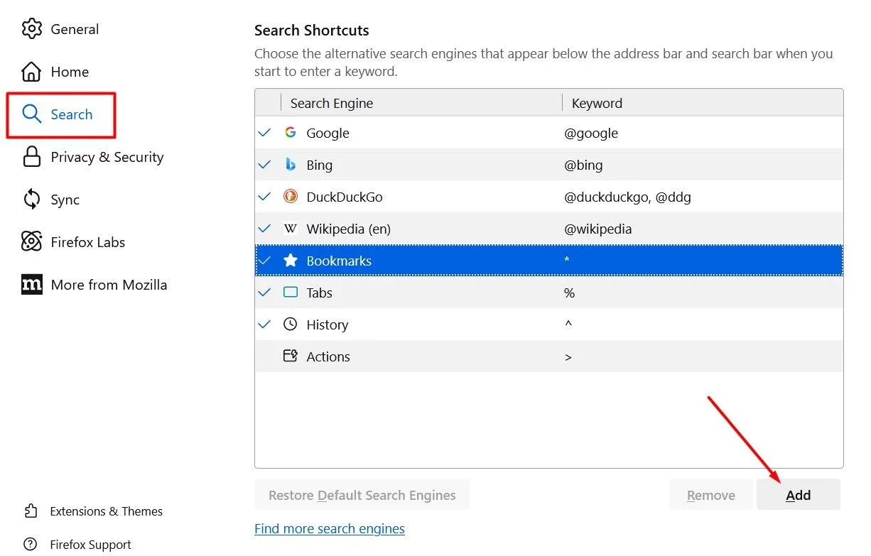 Thêm tùy chọn tìm kiếm mới trong cài đặt Firefox