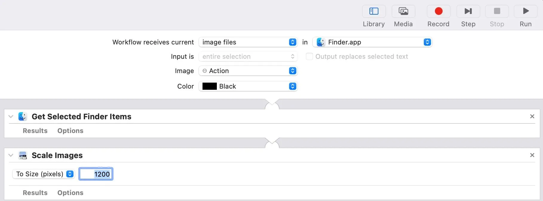 Thêm và cấu hình hành động &quot;Scale Images&quot; trong Automator, thiết lập kích thước ảnh mong muốn cho Quick Action.