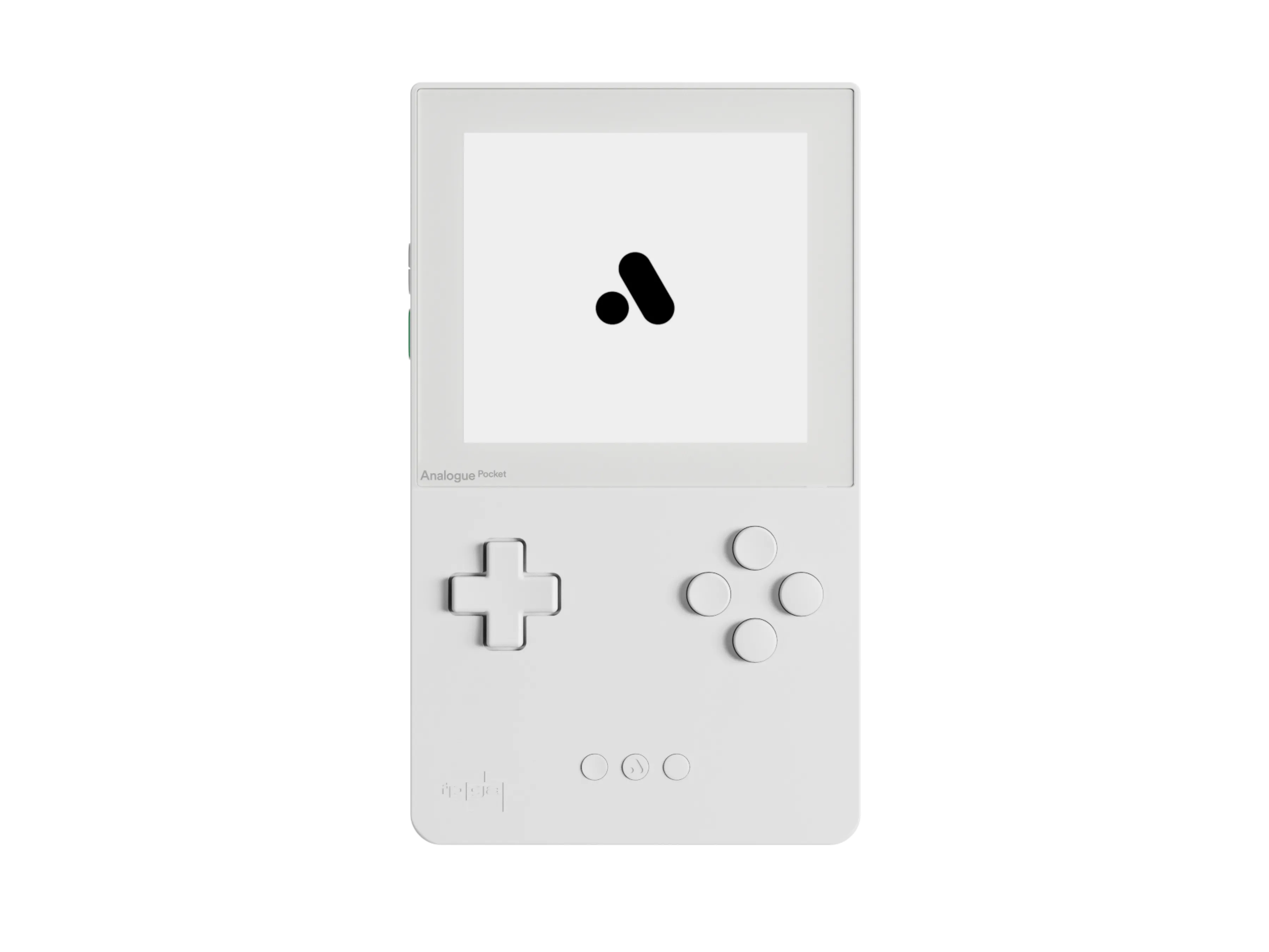 Thiết bị chơi game cầm tay Analogue Pocket màu trắng với màn hình hiển thị sống động.