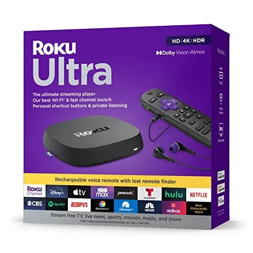 Thiết bị streaming Roku Ultra màu đen, kích thước nhỏ gọn với logo Roku nổi bật