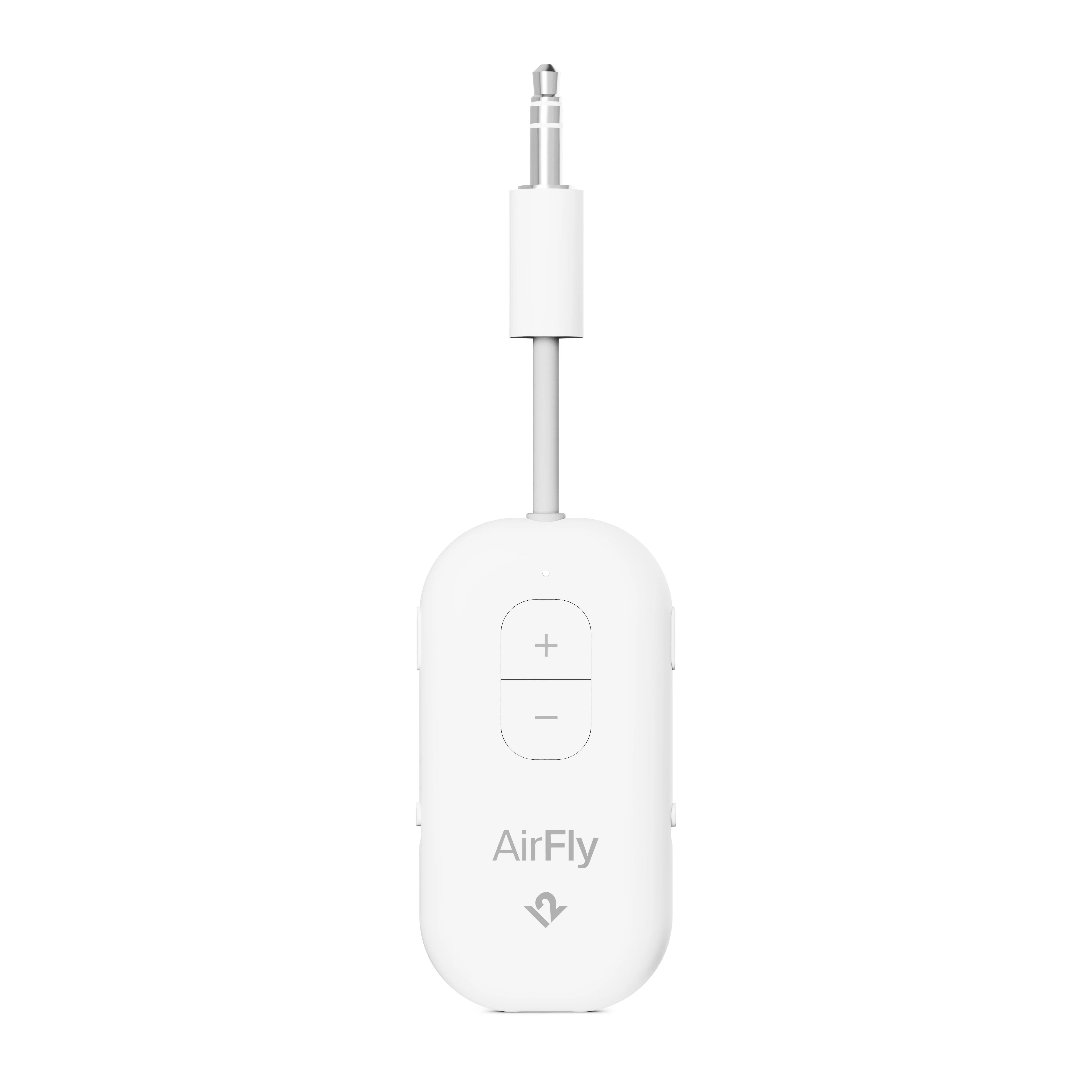 Thiết bị Twelve South AirFly Pro 2 màu trắng trên nền đơn sắc, phụ kiện không dây cần thiết cho tai nghe Bluetooth khi du lịch.