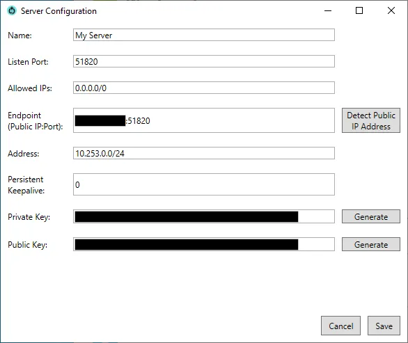 Thiết lập cấu hình máy chủ VPN Wireguard trong Wg Server for Windows, bao gồm IP công cộng và khóa mã hóa