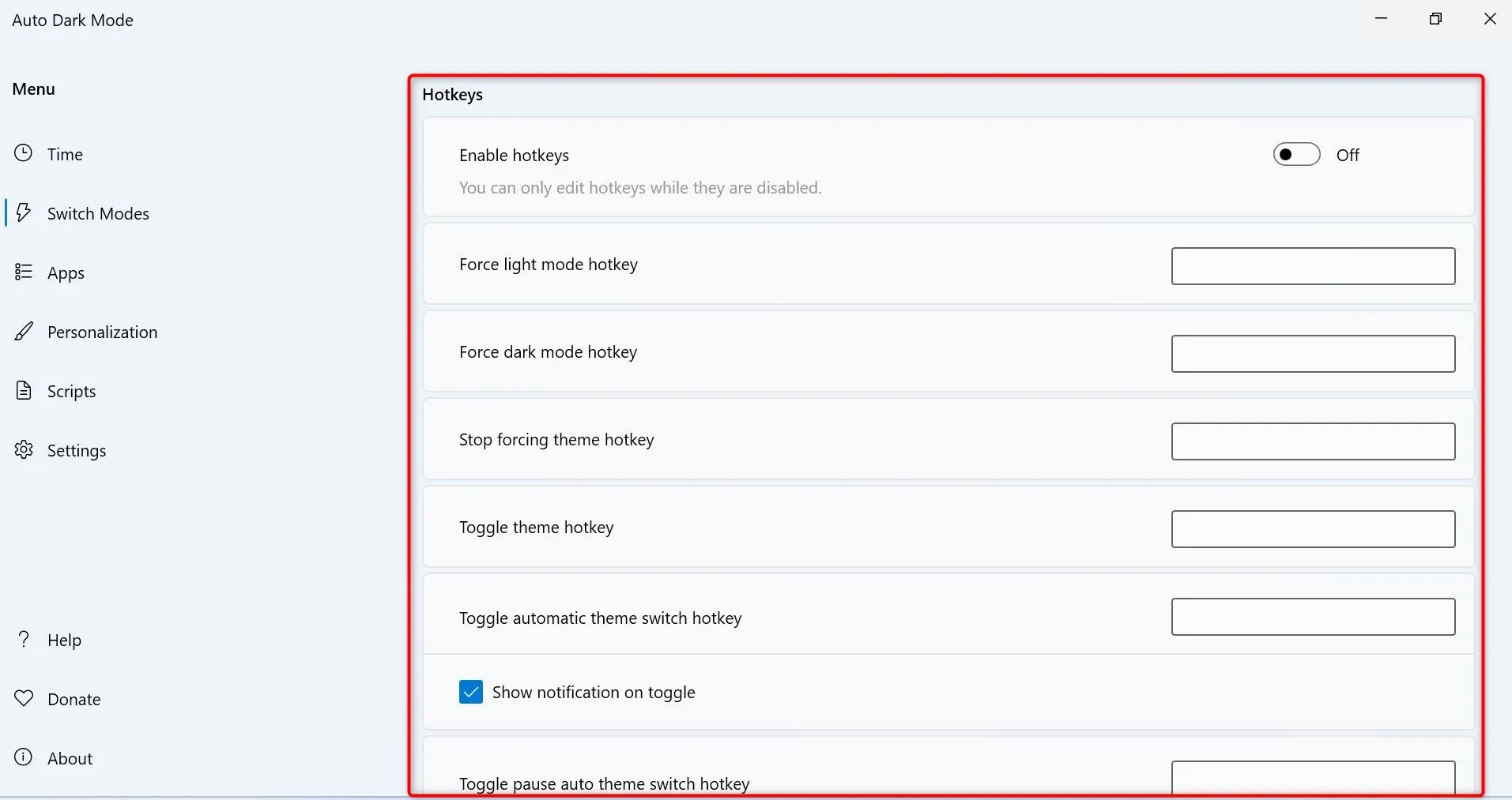Thiết lập phím tắt cho các chế độ trong Auto Dark Mode