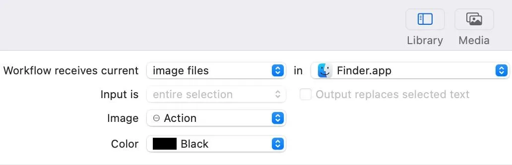 Thiết lập tùy chọn &quot;Workflow Receives Current&quot; thành &quot;Image Files&quot; trong &quot;Finder&quot; trên ứng dụng Automator của macOS để tạo Quick Action xử lý ảnh.