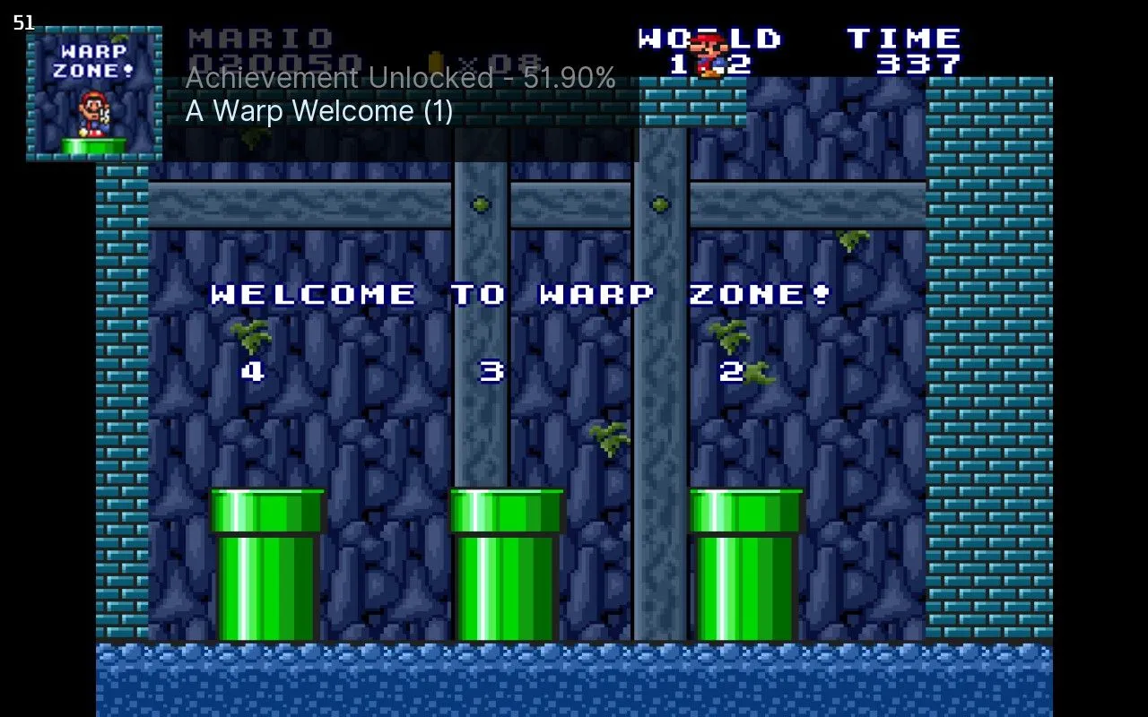 Thông báo &quot;Achievement Unlocked&quot; trong game Super Mario All-Stars, minh họa khả năng chơi lại