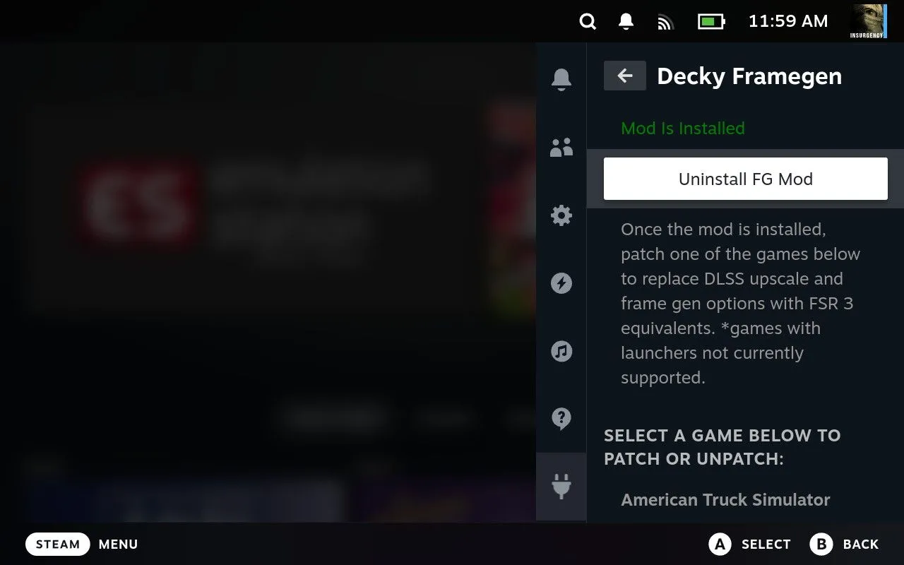 Thông báo &quot;Mod Is Installed&quot; xác nhận Decky Framegen đã được kích hoạt