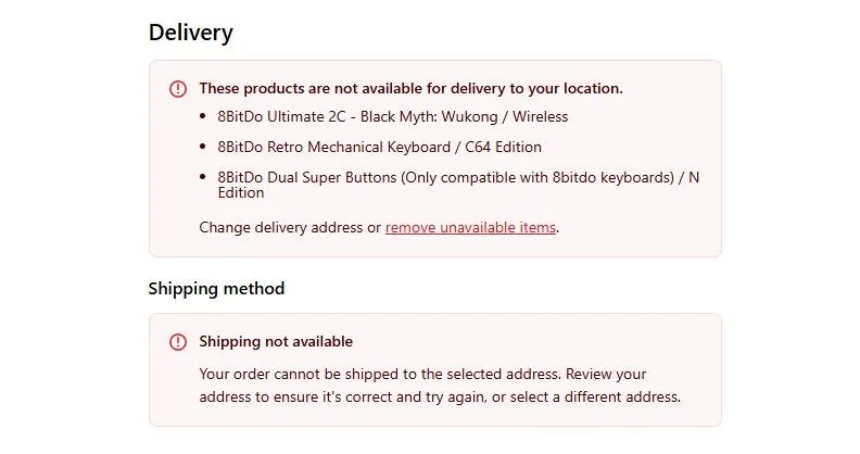 Thông báo từ chối vận chuyển của 8BitDo khi nhập địa chỉ tại Mỹ, do ảnh hưởng của chính sách thuế quan mới.