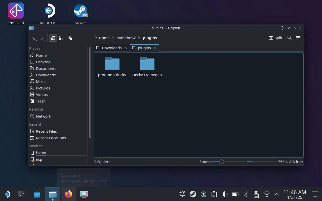 Thư mục Decky Framegen sau khi cài đặt thành công trong homebrew plugins