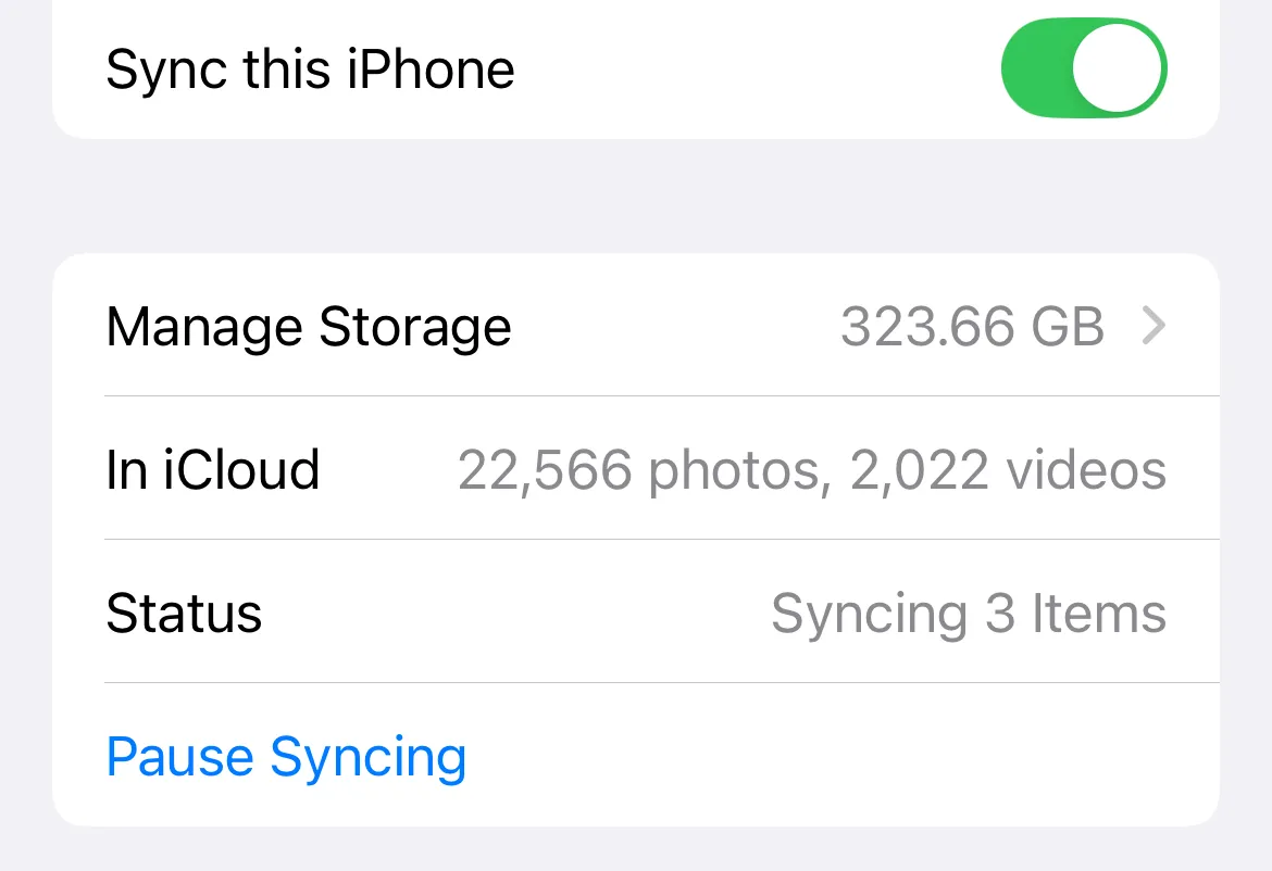 Thư viện Ảnh iCloud được bật trong cài đặt iCloud