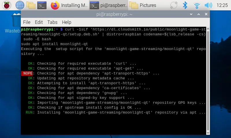 Thực thi script cài đặt Moonlight trên hệ điều hành Raspberry Pi OS