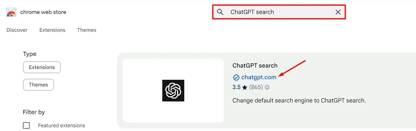 Tìm kiếm tiện ích ChatGPT Search trong Chrome Web Store
