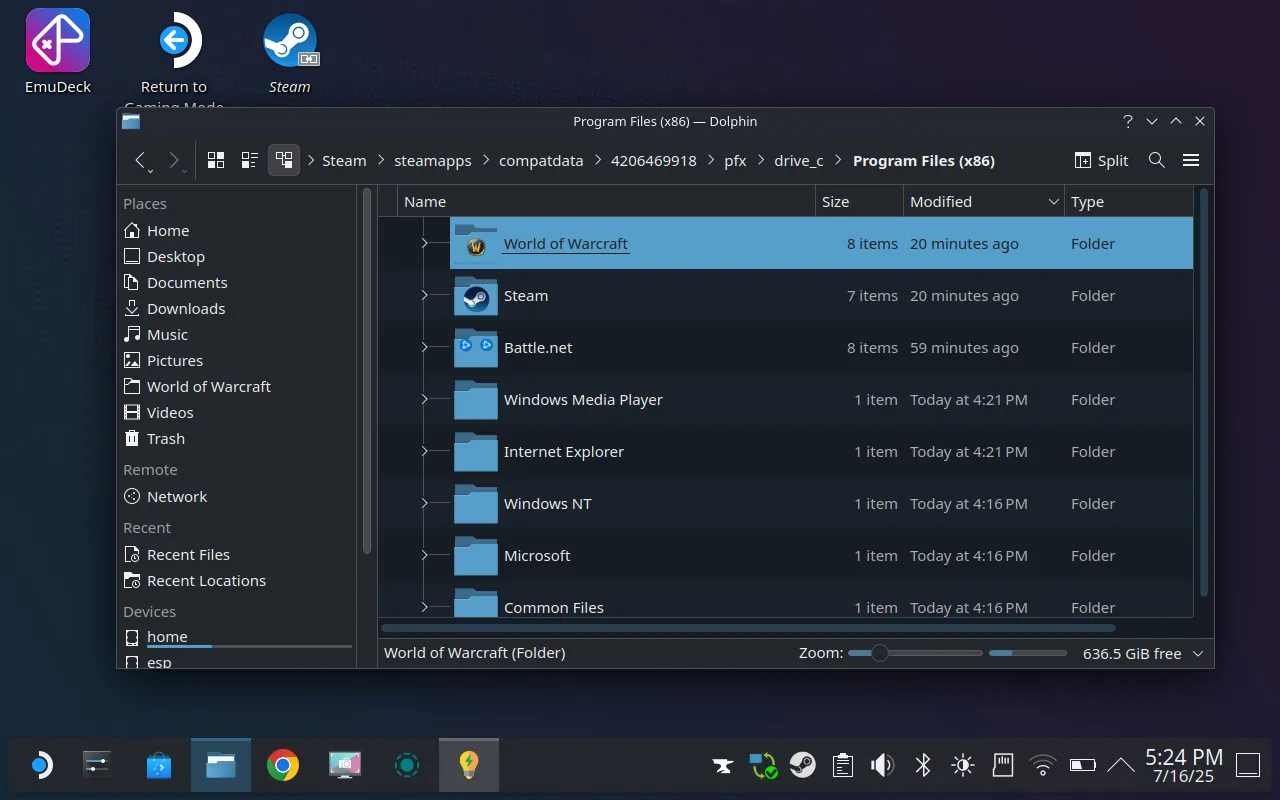 Tìm thư mục cài đặt World of Warcraft trong Dolphin File Manager trên Steam Deck