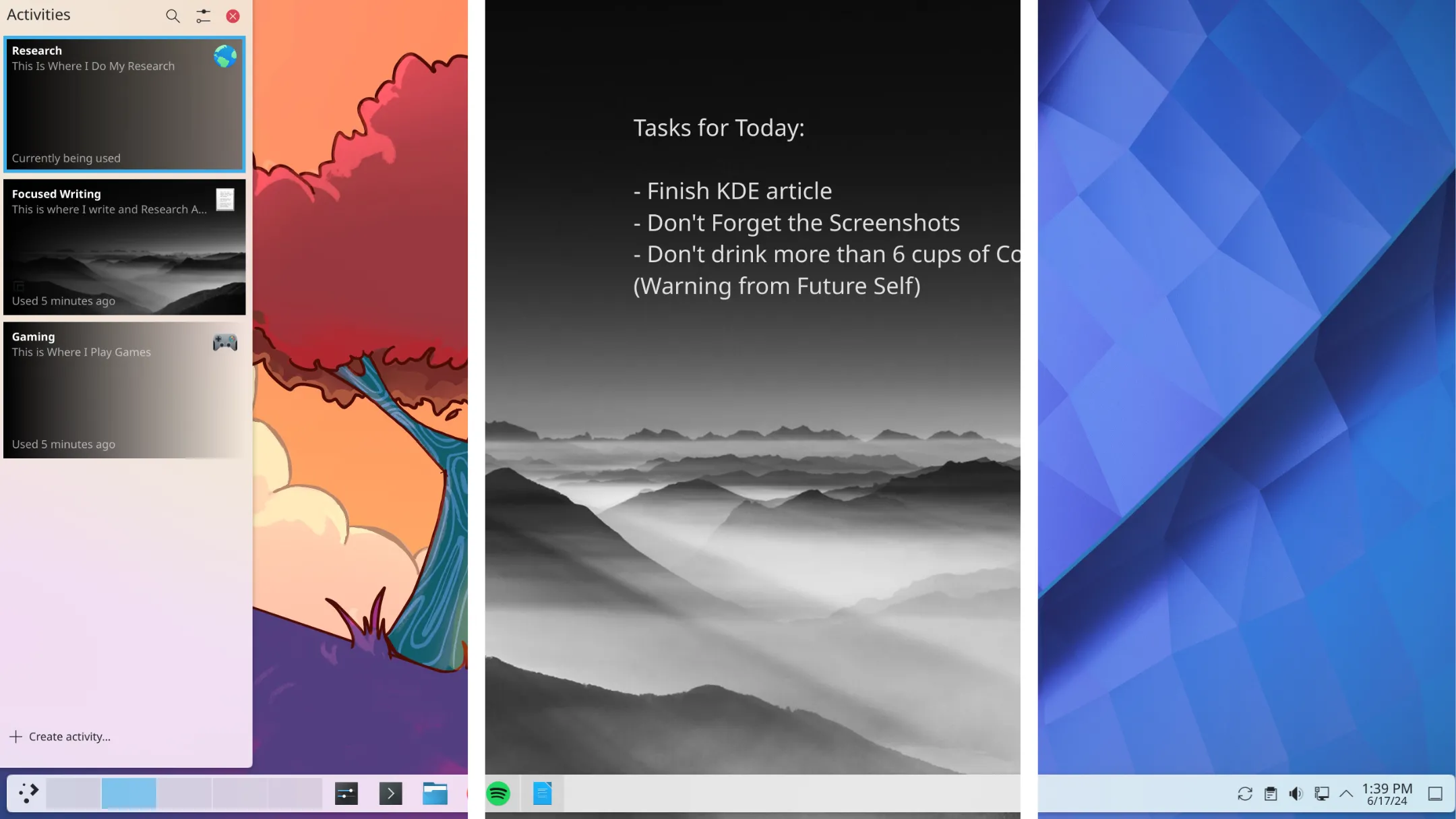 Tổng quan về KDE Activities hiển thị các không gian làm việc chuyên biệt cho từng tác vụ khác nhau