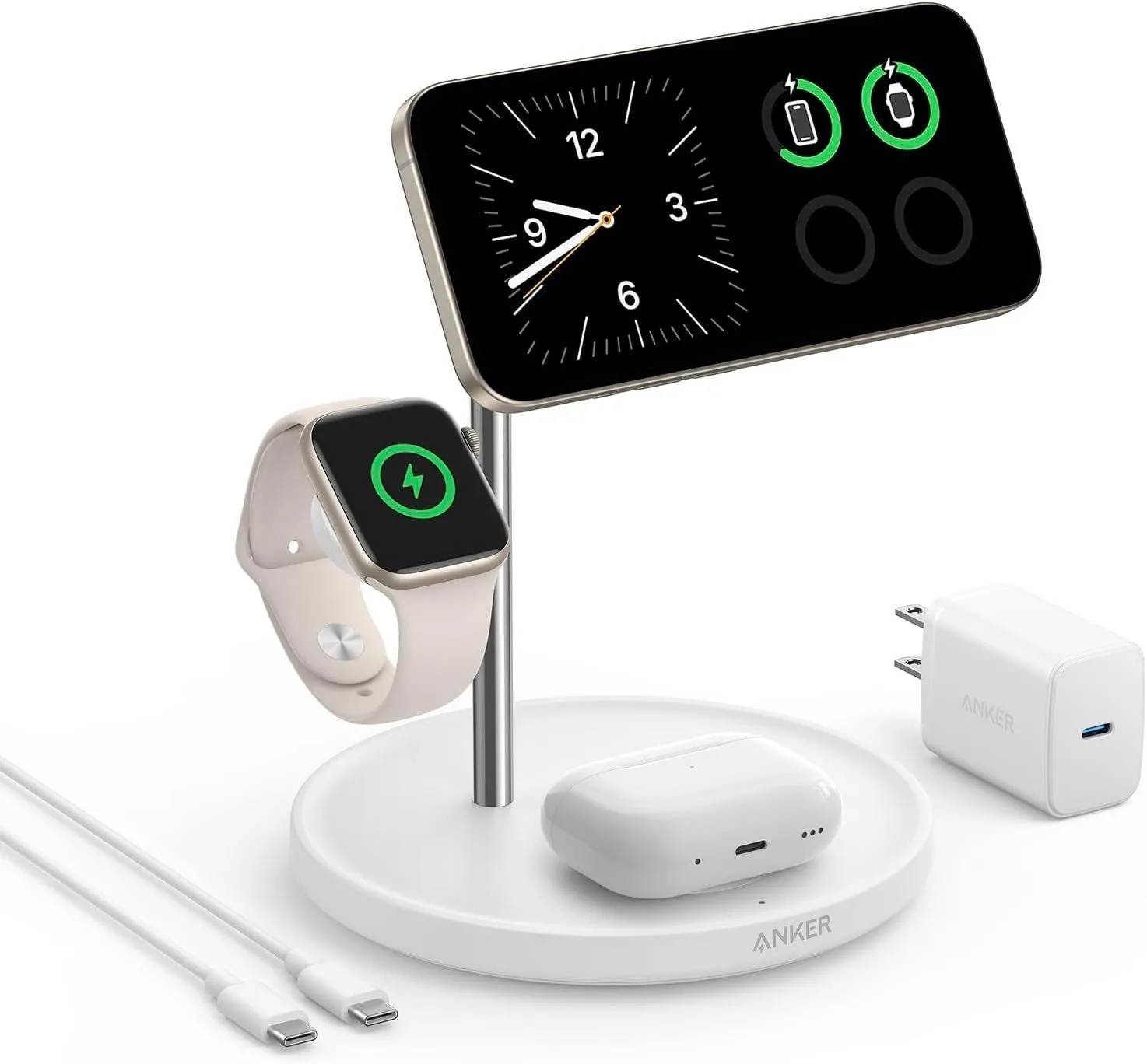 Trạm sạc không dây Anker MagGo 3-in-1 sạc đồng thời iPhone, Apple Watch và AirPods.