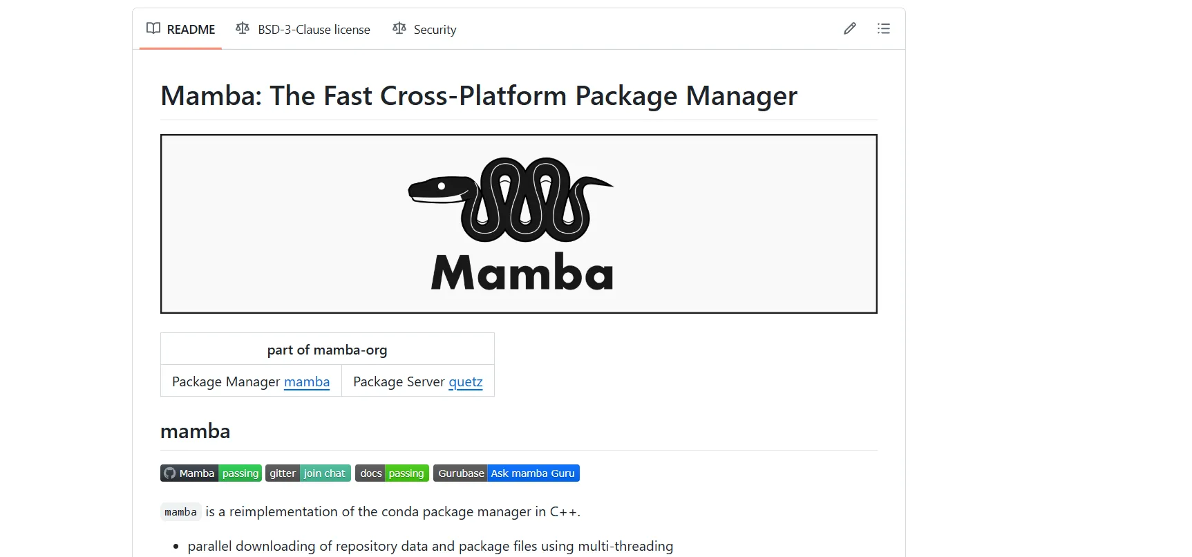 Trang chủ GitHub chính thức của Mamba, nơi cung cấp thông tin và tài liệu dự án về trình quản lý gói này.