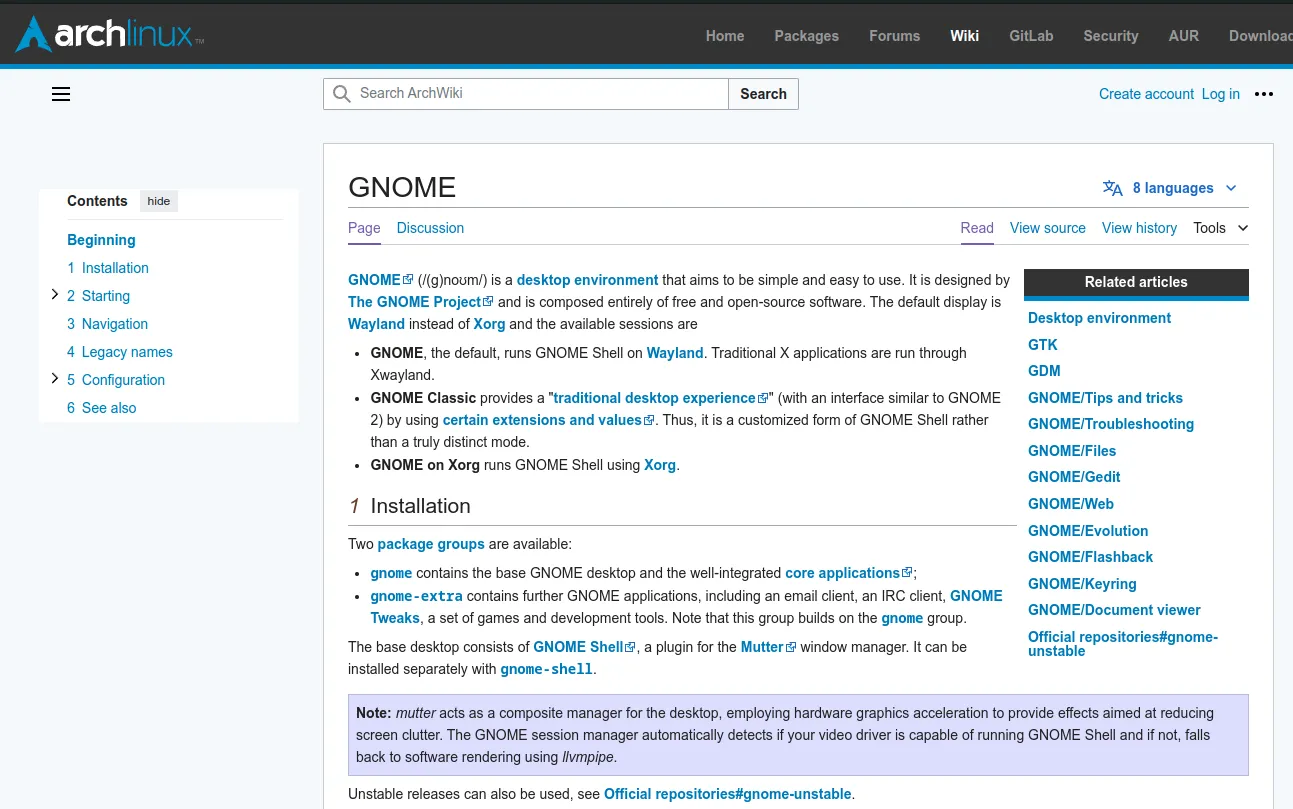 Trang chủ GNOME trên ArchWiki, minh họa tài liệu hướng dẫn chi tiết về môi trường desktop này