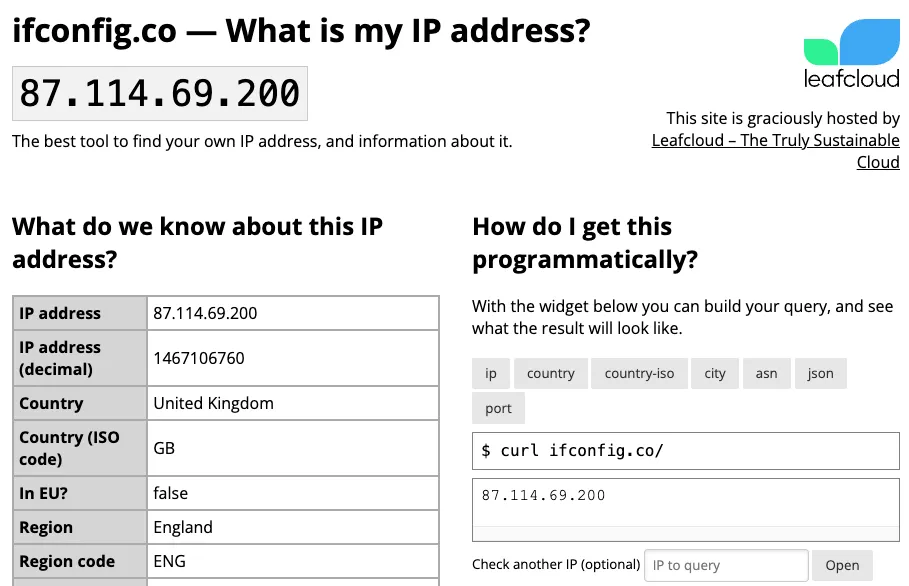 Trang chủ ifconfig.co khi truy cập qua trình duyệt web