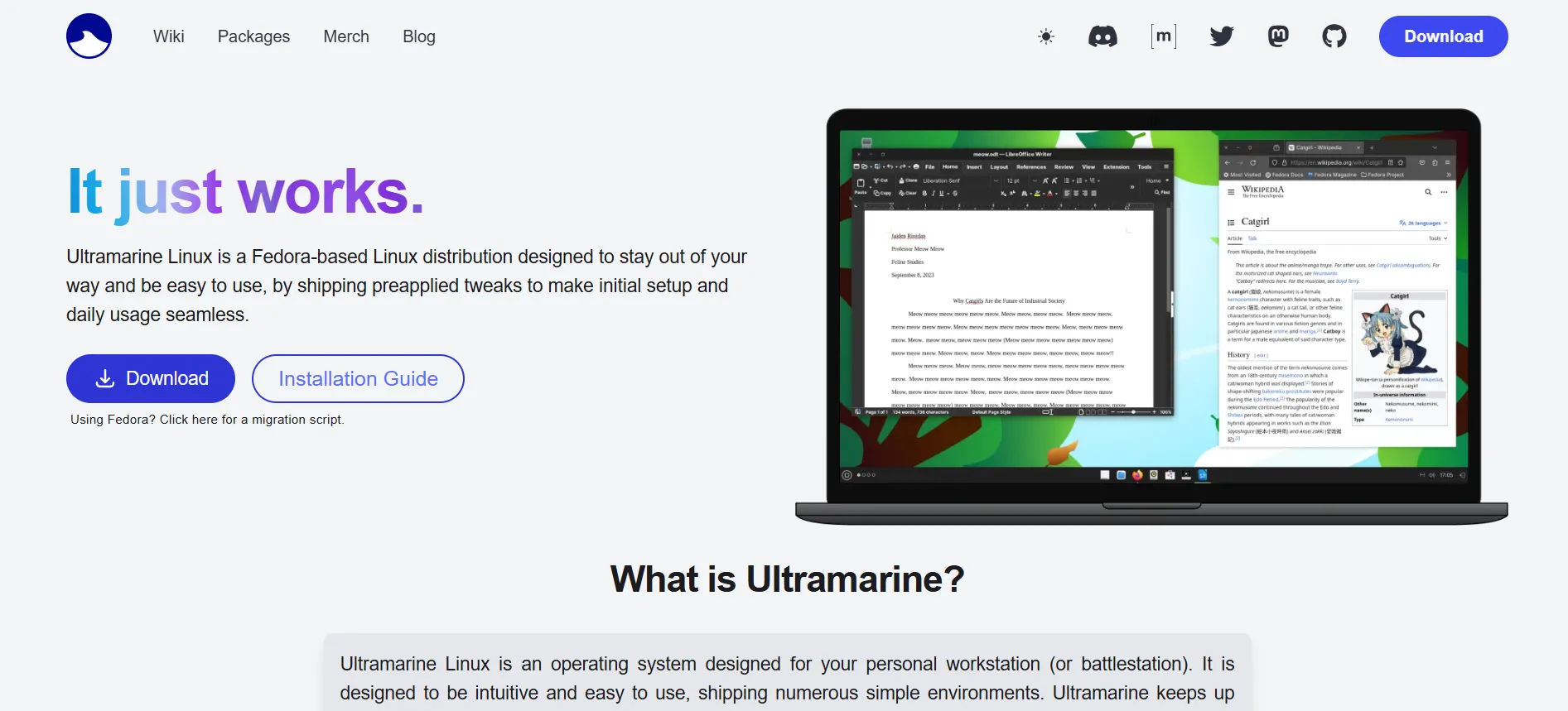 Trang chủ Ultramarine Linux với giao diện người dùng tối và thiết kế mang tính cá nhân hóa