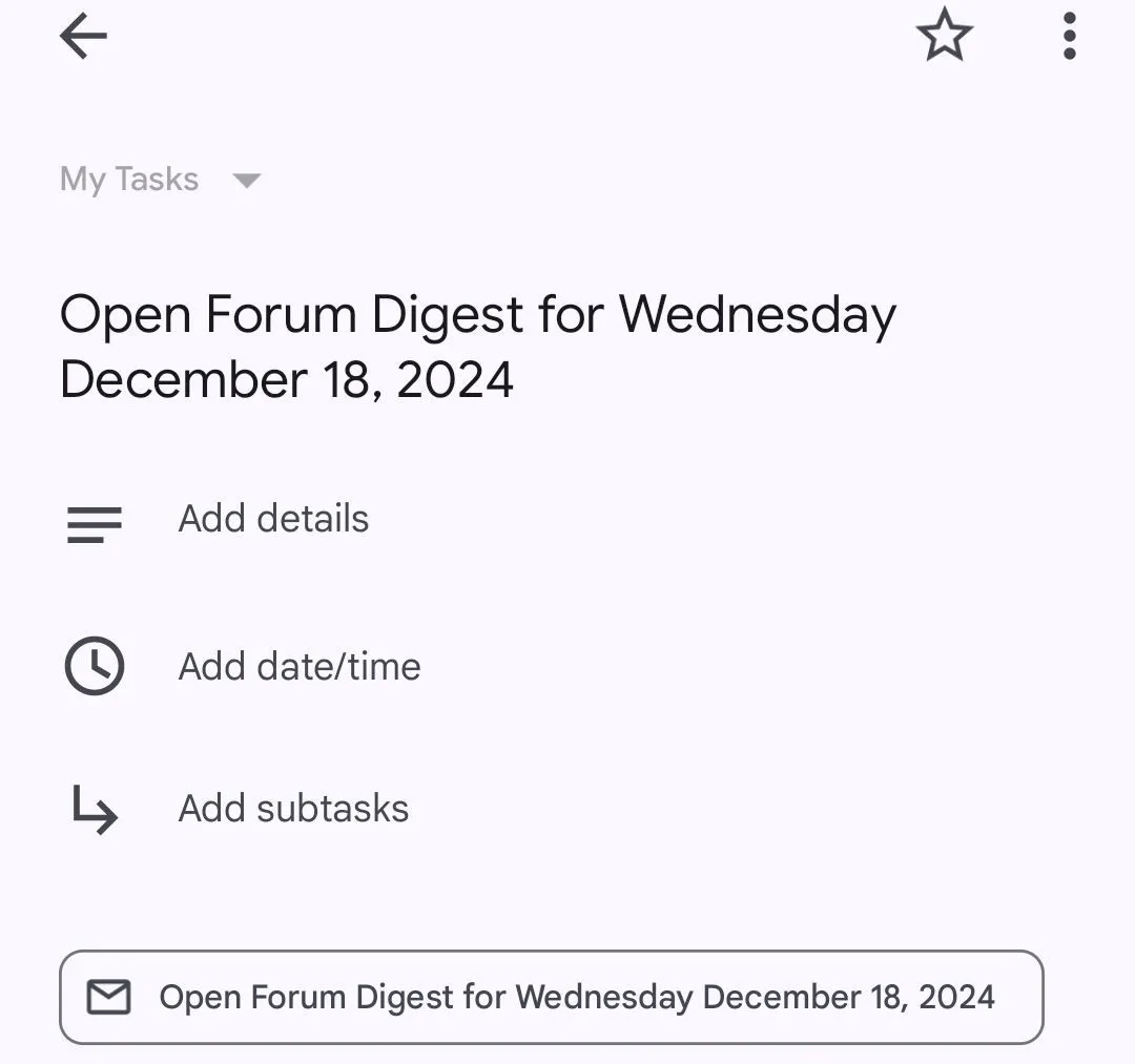 Trang Google Tasks hiển thị các nhiệm vụ đã thêm và tùy chọn chỉnh sửa