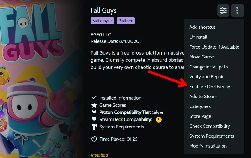 Trang khởi động Fall Guys trong Heroic Games Launcher với mũi tên chỉ vào tùy chọn &quot;Enable EOS Overlay&quot;.