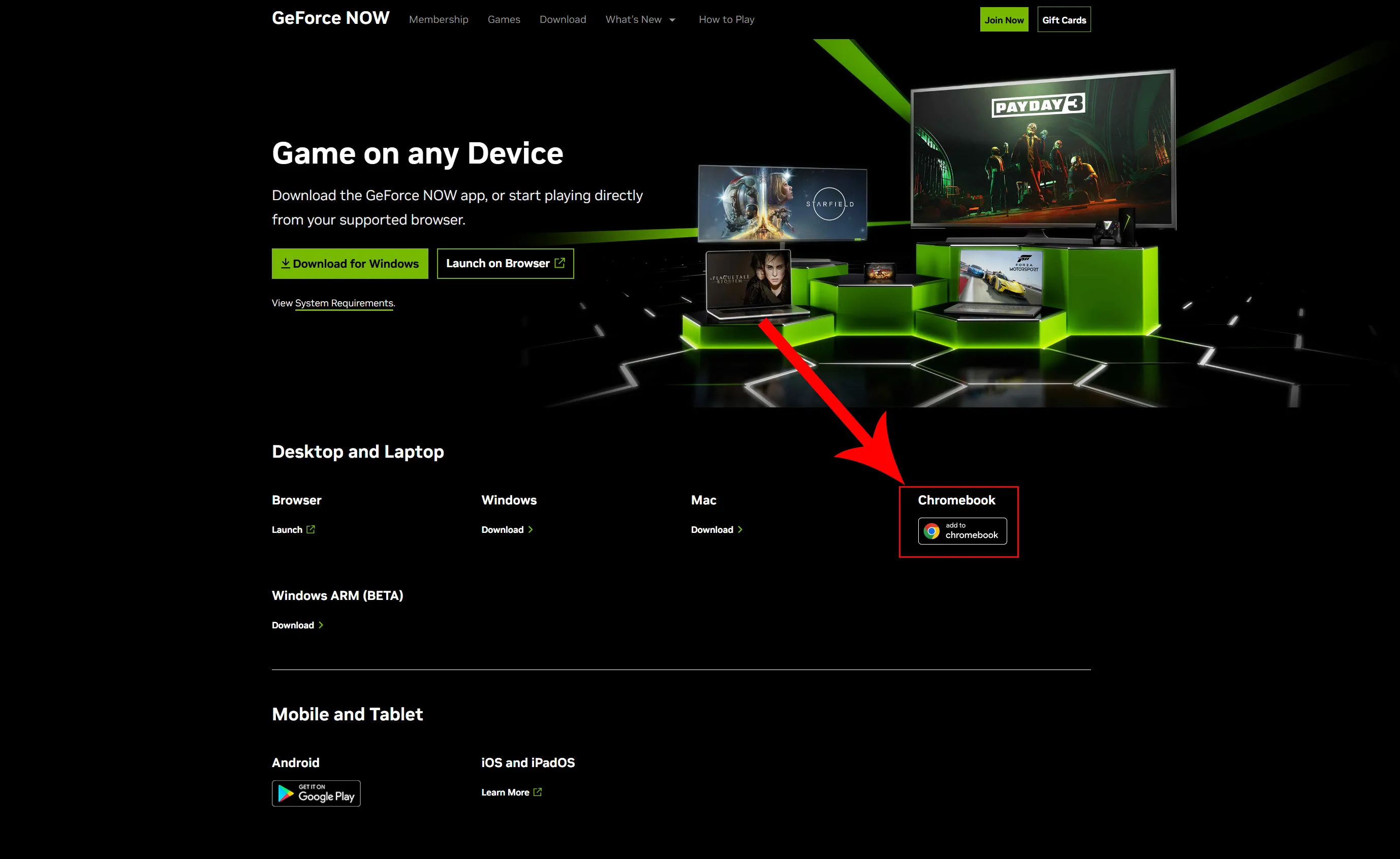Trang web NVIDIA GeForce NOW với nút &quot;Add to Chromebook&quot; được chỉ dẫn, minh họa cách cài đặt GeForce NOW dễ dàng