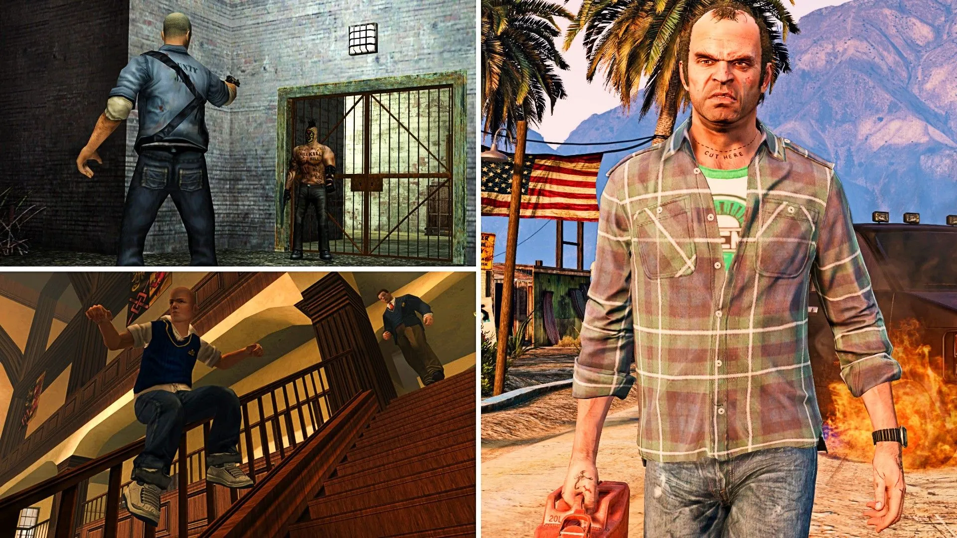 Trevor trong GTA V, Jimmy trong Bully và cảnh chiến đấu từ Manhunt, minh chứng vũ trụ chung của Rockstar Games.