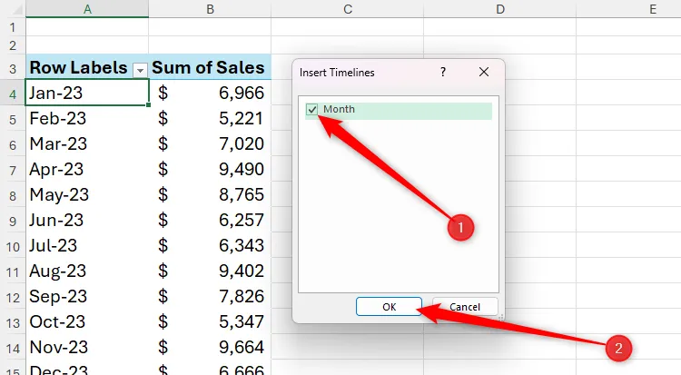 Trường Month được chọn trong hộp thoại Insert Timelines của Excel để tạo bộ lọc thời gian