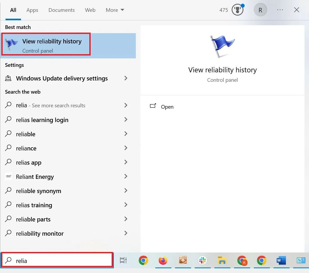 Truy cập Windows Reliability Monitor từ thanh tìm kiếm Start menu trên Windows 11