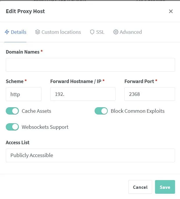 Tùy chọn cấu hình proxy host trong Nginx Proxy Manager cho blog Ghost, bao gồm thiết lập SSL.