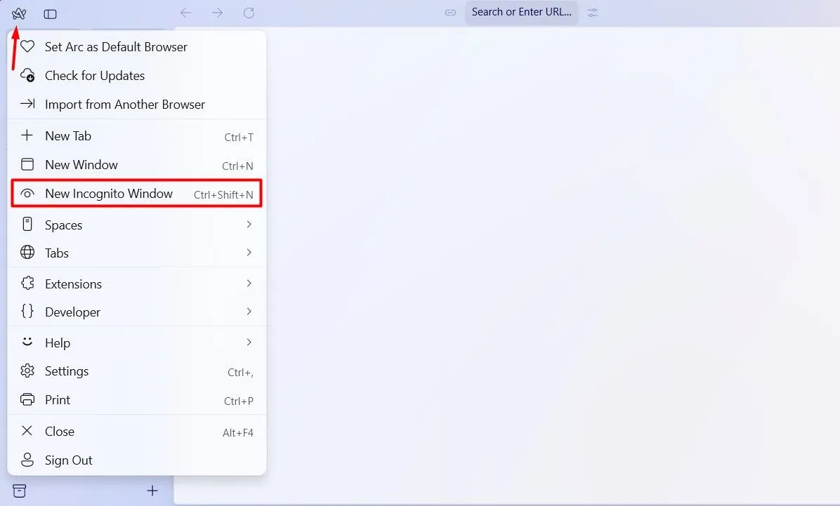 Tùy chọn &quot;Chế độ ẩn danh mới&quot; (New Incognito Mode) trong trình duyệt Arc Browser.