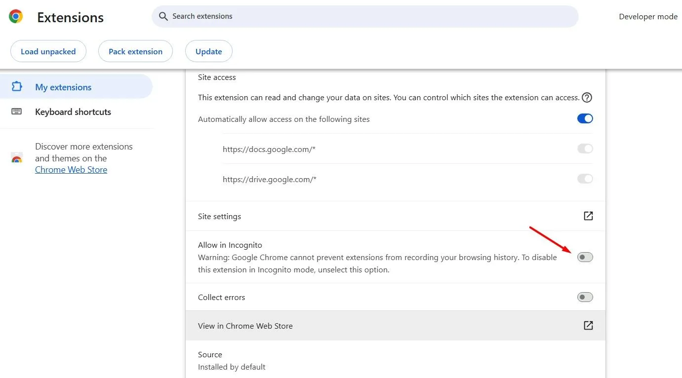 Tùy chọn &quot;Cho phép trong chế độ ẩn danh&quot; (Allow in Incognito) cho tiện ích mở rộng Chrome.