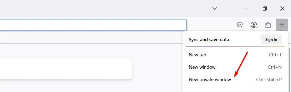 Tùy chọn &quot;Cửa sổ riêng tư mới&quot; (New Private Window) trong menu Firefox.