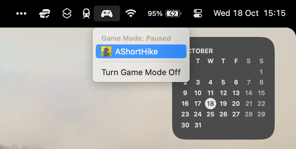 Tùy chọn Game Mode trên thanh menu macOS Sonoma để bật/tắt trong ứng dụng