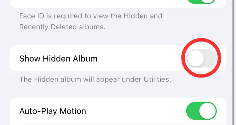Tùy chọn &quot;Hiển thị Album Đã ẩn&quot; trong cài đặt ứng dụng Ảnh trên iPhone.