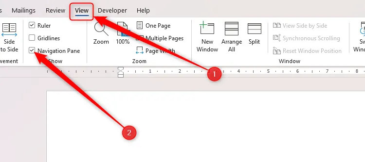 Tùy chọn Navigation Pane được đánh dấu trong tab View của Microsoft Word, giúp điều hướng tài liệu.
