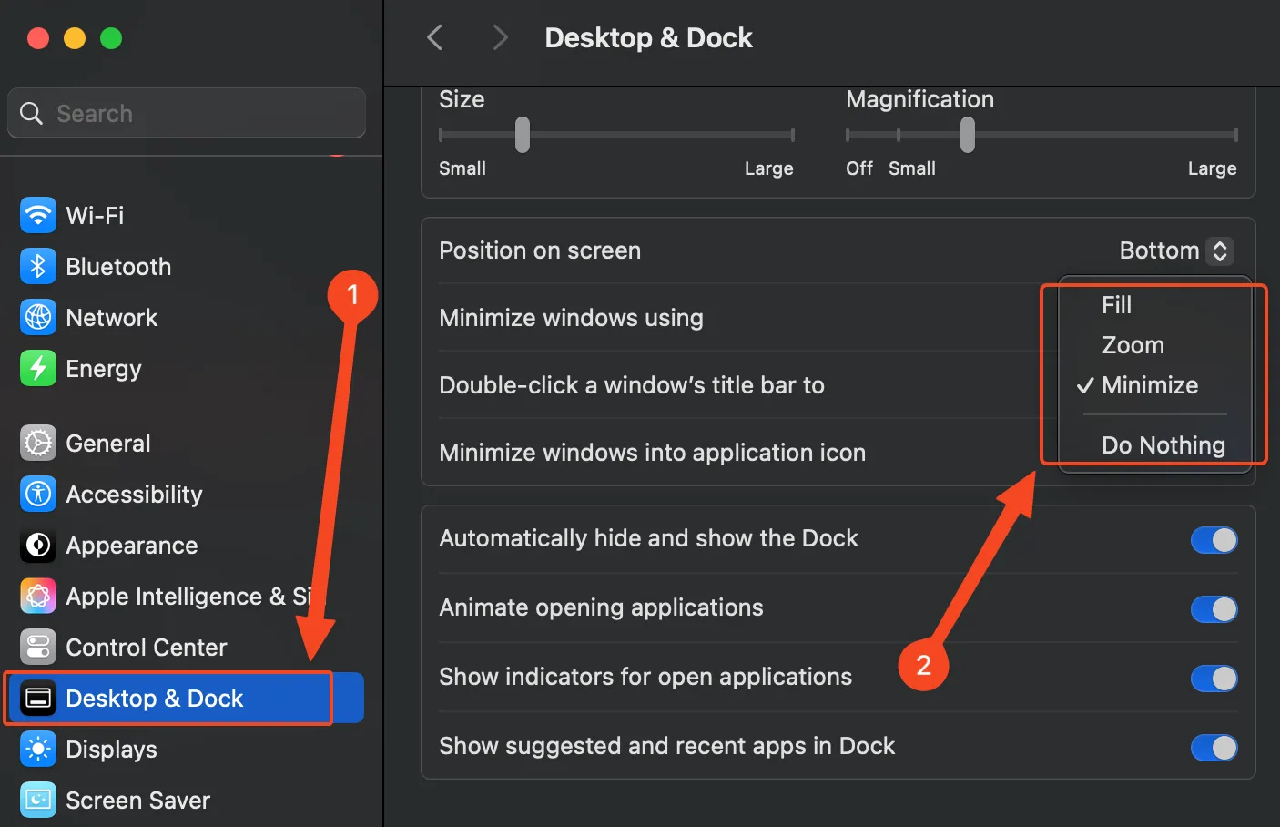 Tùy chọn &quot;Nhấp đúp thanh tiêu đề cửa sổ để&quot; trong cài đặt Màn hình nền &amp; Dock của macOS.
