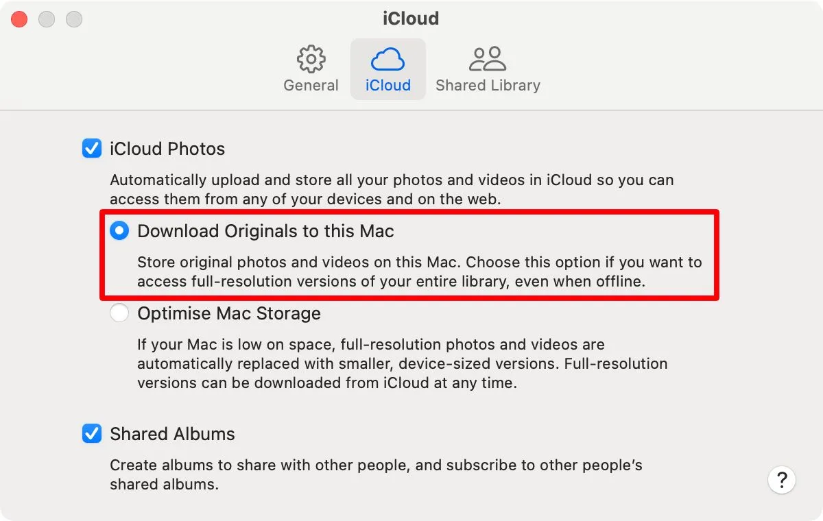 Tùy chọn &quot;Tải về Bản gốc về máy Mac này&quot; trong cài đặt Ảnh của macOS.