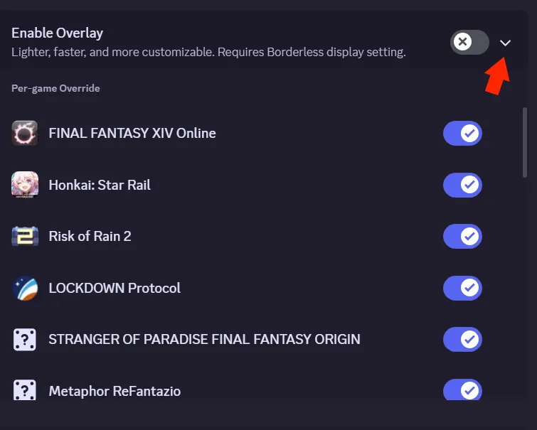 Tùy chọn tắt Game Overlay cho từng trò chơi hoặc ứng dụng cụ thể trong cài đặt Discord
