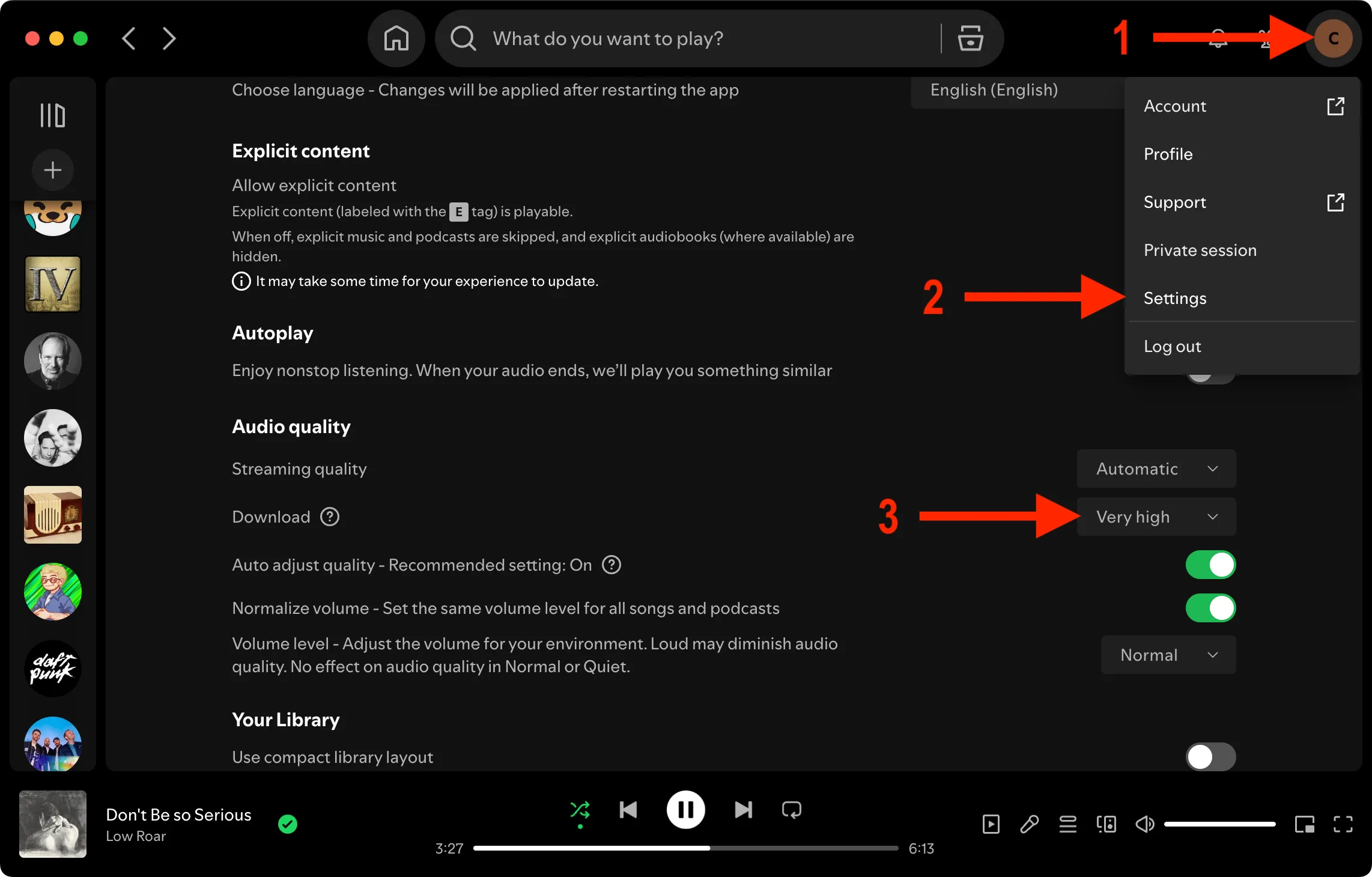 Tùy chọn thay đổi chất lượng tải xuống trong cài đặt của Spotify.