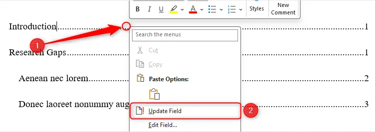 Tùy chọn Update Field khi nhấp chuột phải vào mục lục trong Word, giúp cập nhật số trang và tiêu đề.