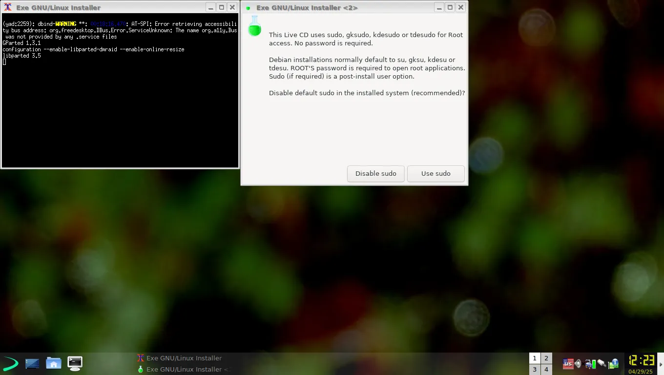 Tùy chọn vô hiệu hóa sudo trong quá trình cài đặt EXE GNU/Linux, liên quan đến quản lý quyền người dùng.