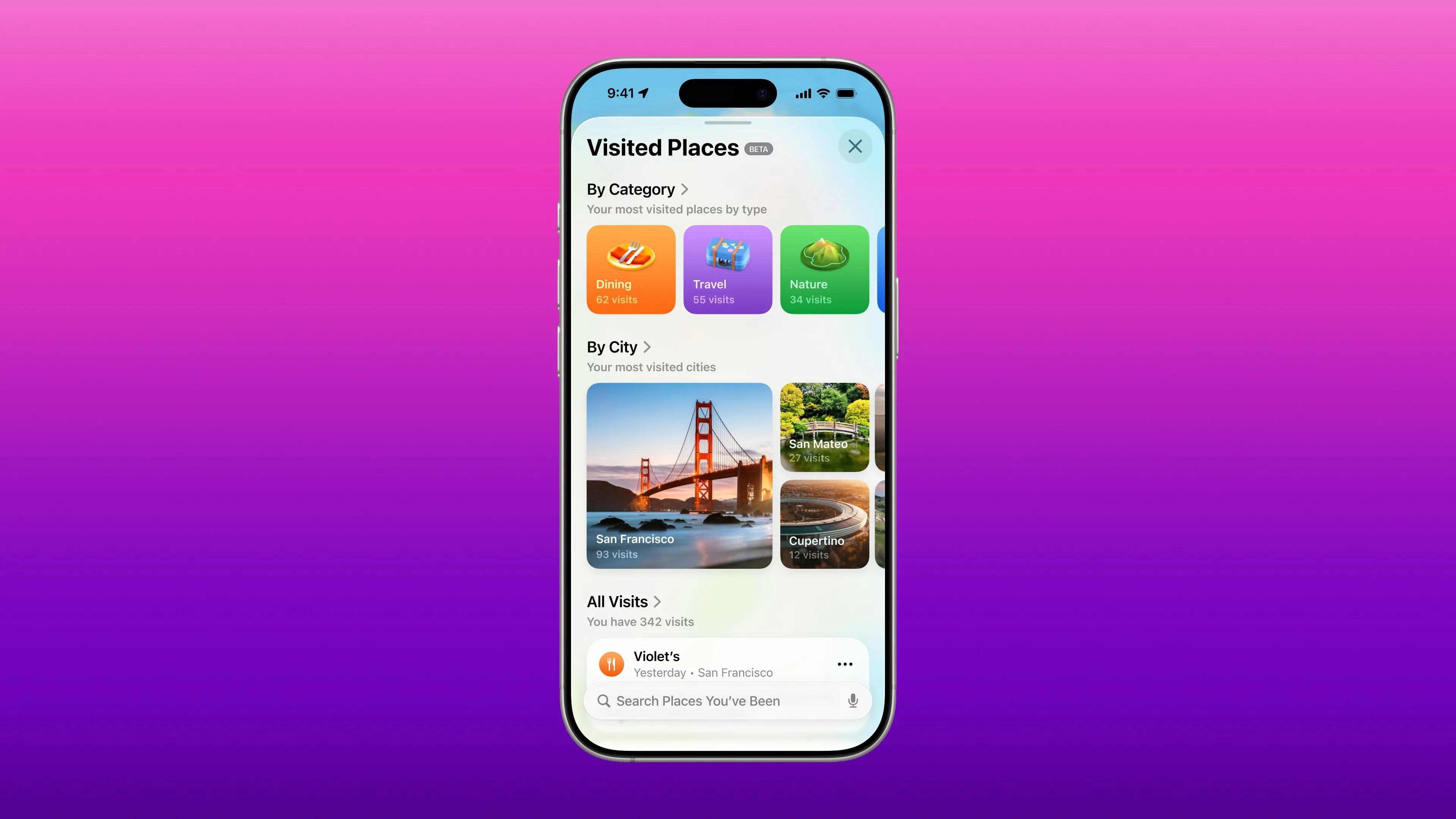 Ứng dụng Apple Maps trên iPhone hiển thị phần 'Địa điểm đã ghé thăm' (Visited Places) mới trong iOS 26.