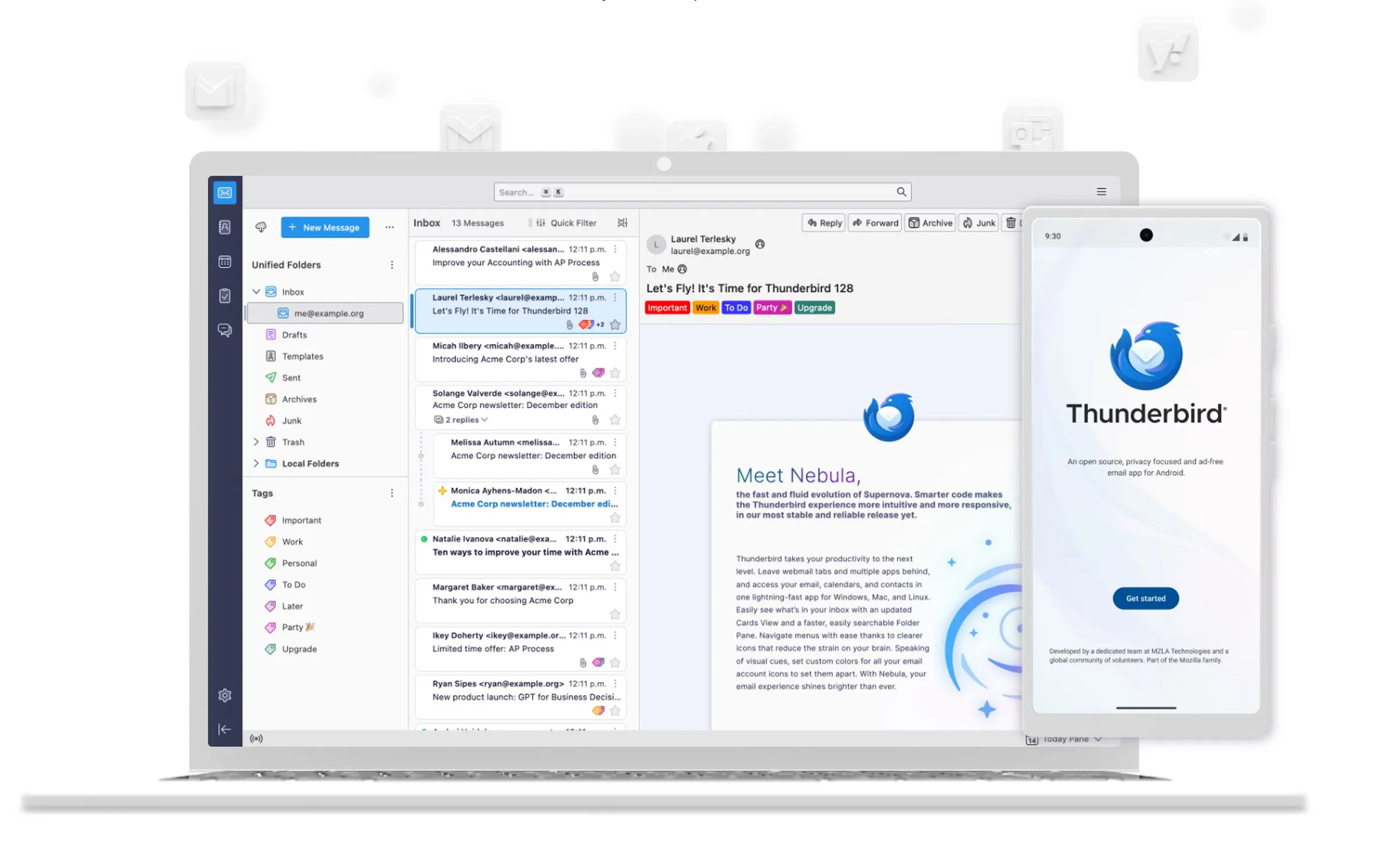 Ứng dụng email Thunderbird trên laptop và logo trên điện thoại thông minh