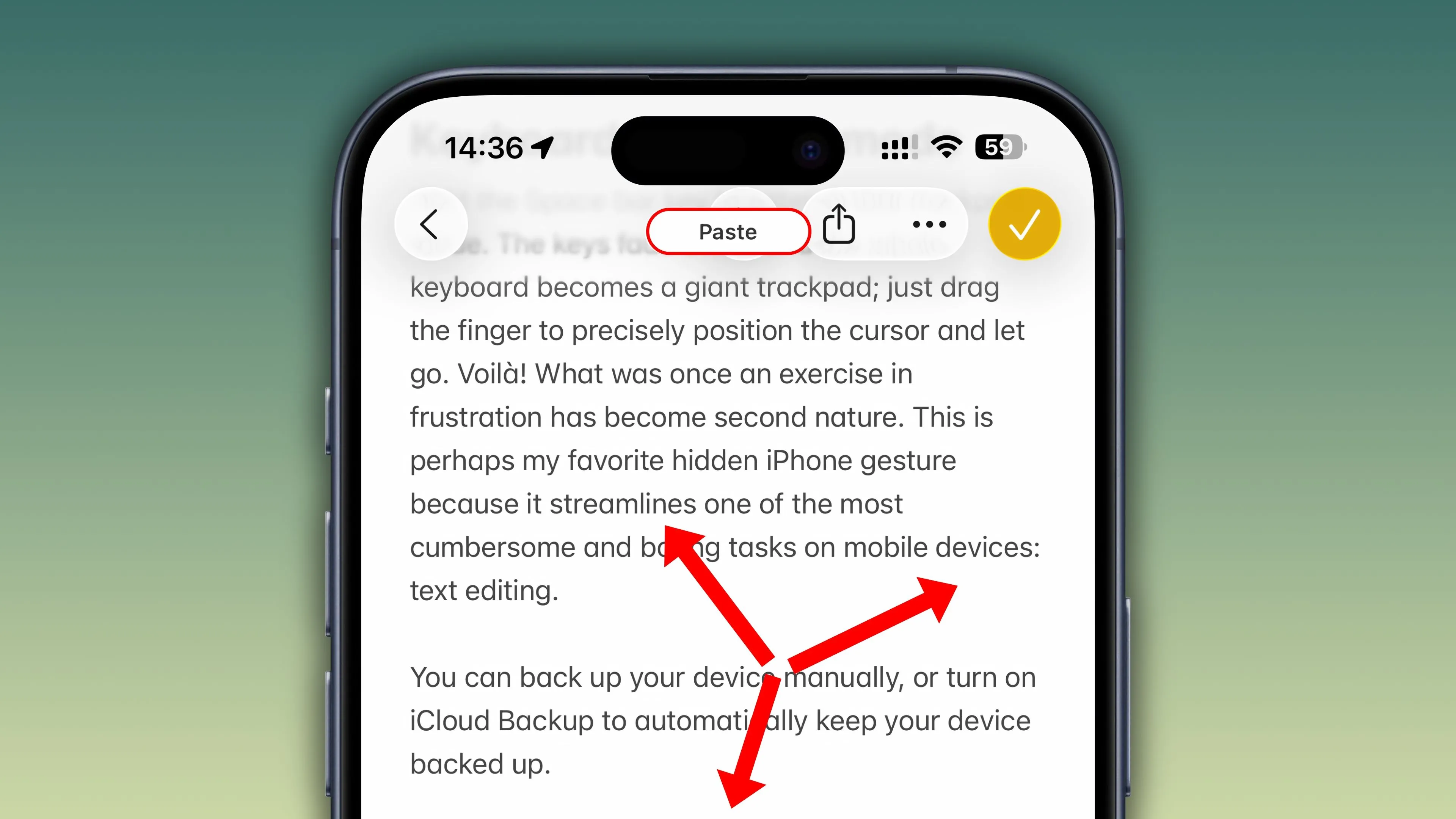 Ứng dụng Ghi chú trên iPhone với biểu ngữ Dán xuất hiện, minh họa cử chỉ mở ba ngón tay để dán nội dung