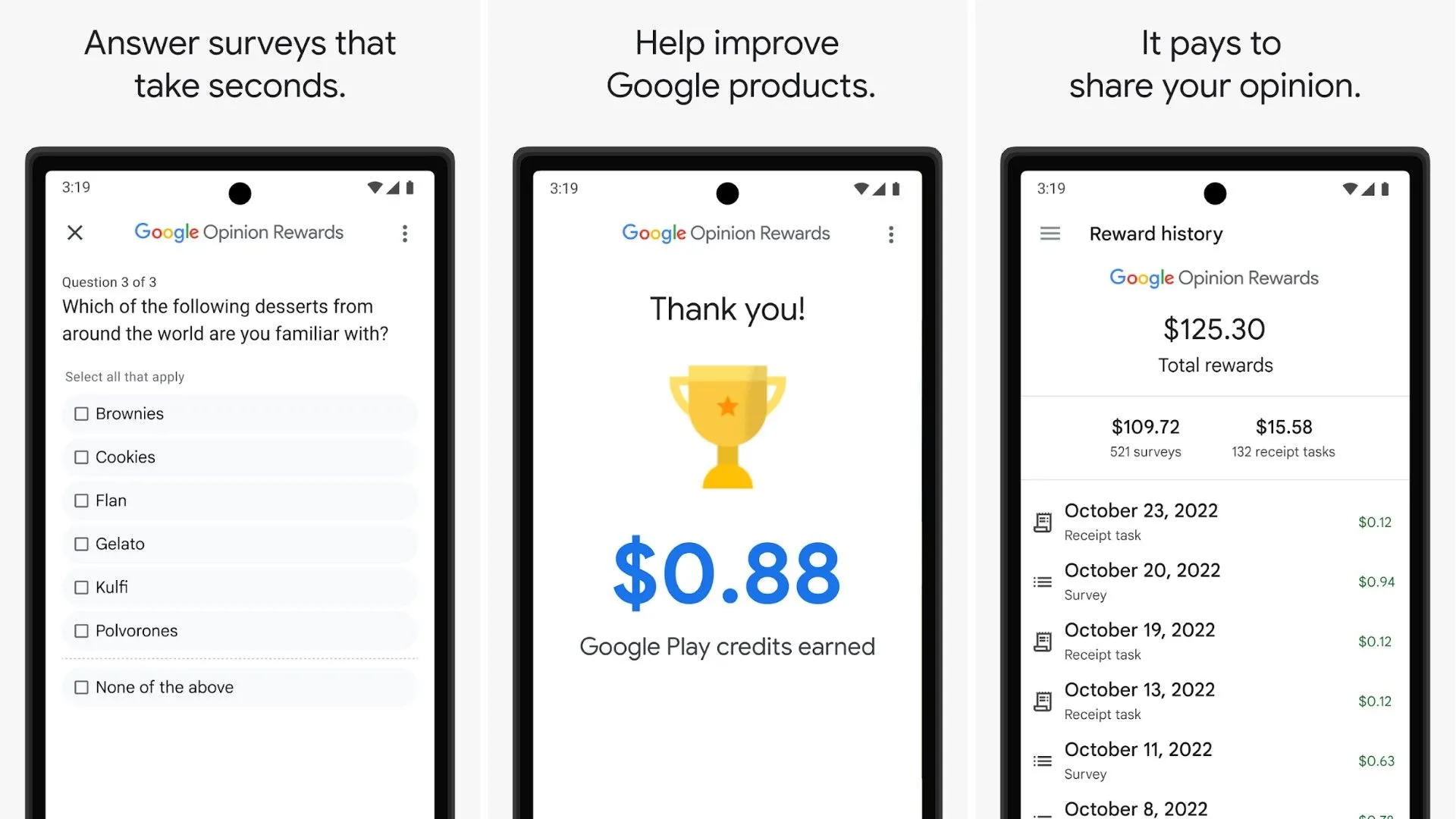 Ứng dụng Google Opinion Rewards hiển thị người dùng đang nhận tiền khi hoàn thành khảo sát
