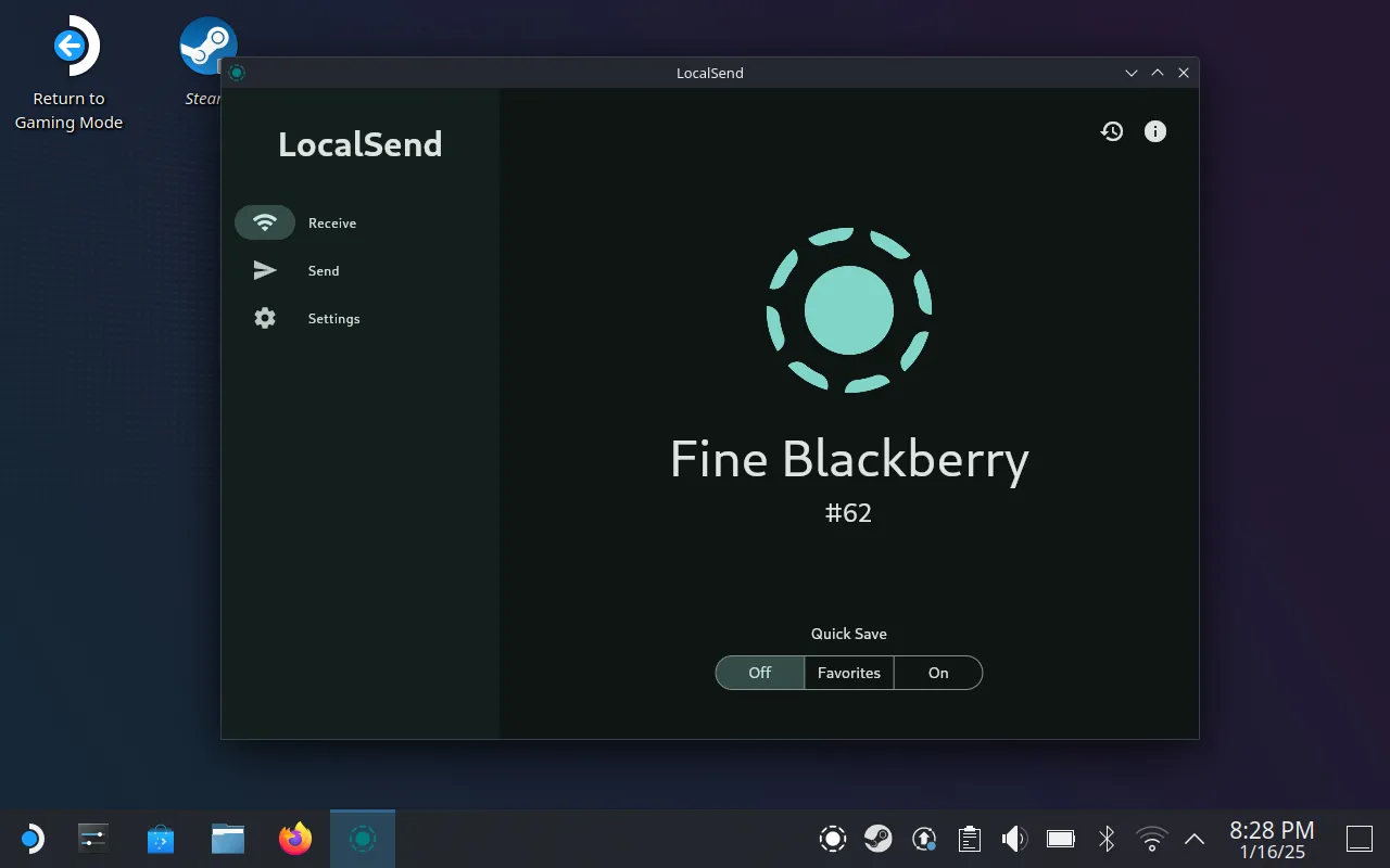 Ứng dụng LocalSend đang chạy trên hệ điều hành SteamOS, hiển thị khả năng chia sẻ tệp không dây tiện lợi.