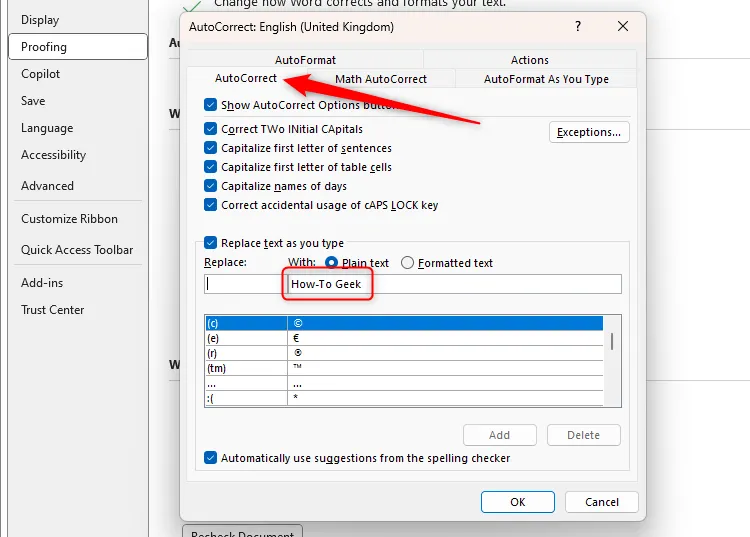 Văn bản &quot;How-To Geek&quot; đã được dán vào trường &quot;With&quot; trong hộp thoại AutoCorrect của Microsoft Word, sẵn sàng cho việc tạo quy tắc thay thế.