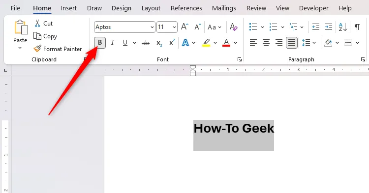 Văn bản &quot;How-To Geek&quot; trong Microsoft Word đã được định dạng in đậm, minh họa cho việc định dạng AutoCorrect.