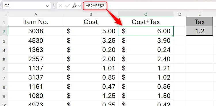 Ví dụ bảng tính Excel sử dụng tham chiếu ô tuyệt đối ($E) để tính giá sau thuế cho sản phẩm